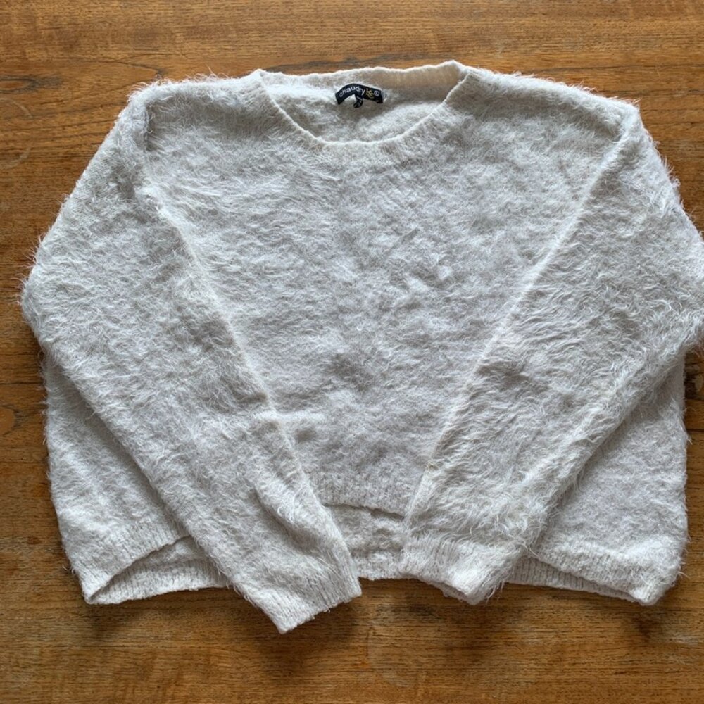 Chaudry Cropped Fuzzy Knit Sweater Cream White Size L Soft Textured Pullover